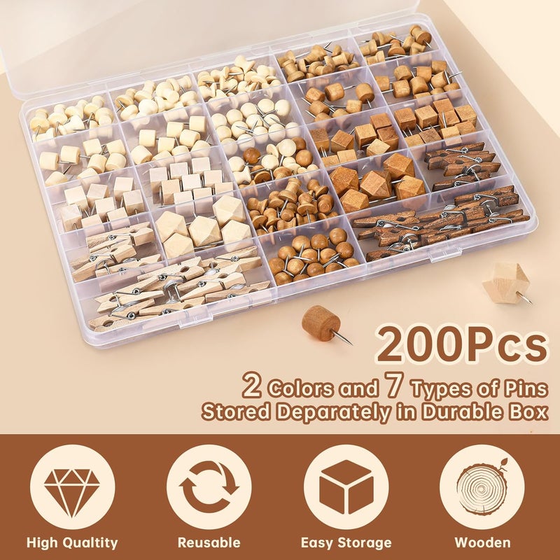 GOOLADA 200Pcs Wood Push Pins 7 Types and 2 Colors Wood Tacks Cute Push Pin Thumb Tacks for Decorative Wooden Push Pins for Cork Board Cute Pushpins for Bulletin Board Prayer Board Supplies for Women - Image 3
